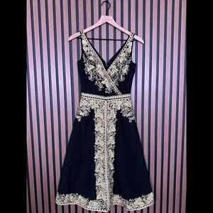 Beth Bowly Dress 0 / XS Womens Black & Gold Jacquard Trim Wool Blend A Line